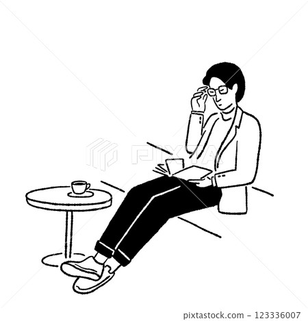 Man reading book in coffee shop Hand drawn line art cartoon illustration 123336007