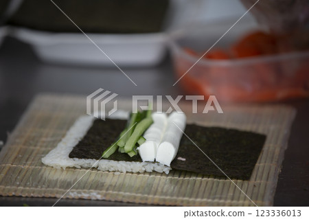 Curd cheese, cucumber and nori leaves for making sushi. 123336013