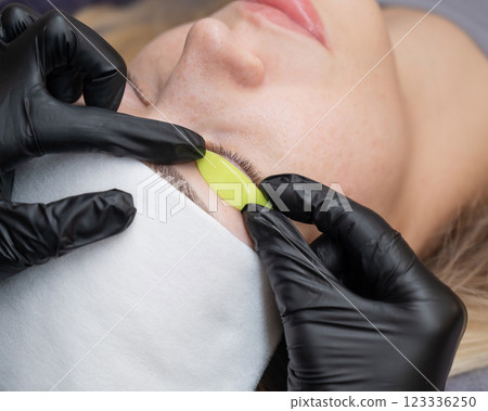 The master lays down the roller before the eyelash lamination procedure. The master lays down the roller before the eyelash lamination procedure. 123336250