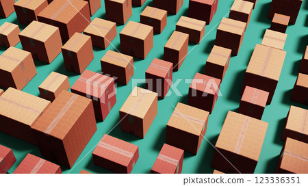 Multiple Cardboard Boxes Arranged on a Green Background in Neat Rows Multiple Cardboard Boxes Arranged on a Green Background in Neat Rows 123336351