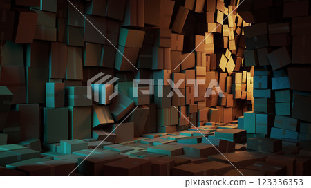 Large Warehouse Filled with Stacked Cardboard Boxes Under Dramatic Lighting 123336353