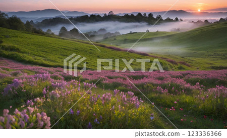 Lavender fields lit by the morning sun 123336366