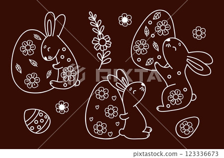 Outline Easter Bunnies With Paschal Eggs Doodles. Spring Holiday Collection. Isolated Vector Line Hand-drawn illustrations for festive decor and design Outline Easter Bunnies With Paschal Eggs Doodles. Spring Holiday Collection. Isolated Vector Line Hand-drawn illustrations for festive decor and design 123336673