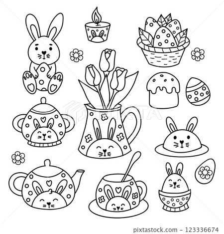 Outline Cute Easter spring bunny decoration linear drawing doodle. Isolated holiday tableware teapot, cups, sugar bowl, jug with bouquet tulips with rabbit decor, paschal eggs. Vector illustration Outline Cute Easter spring bunny decoration linear drawing doodle. Isolated holiday tableware teapot, cups, sugar bowl, jug with bouquet tulips with rabbit decor, paschal eggs. Vector illustration 123336674
