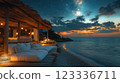 Relaxing evening by the seaside with cozy seating and starry sky over the ocean. Generative AI 123336711