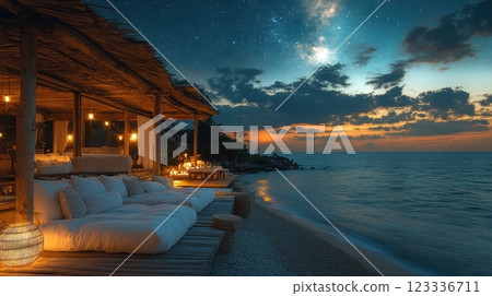 Relaxing evening by the seaside with cozy seating and starry sky over the ocean. Generative AI 123336711
