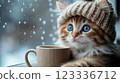 Fluffy kitten wearing knitted hat enjoys cozy winter morning by the window. Generative AI 123336712