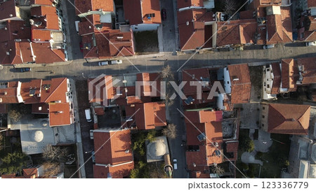 Top aerial drone view house roofs 123336779