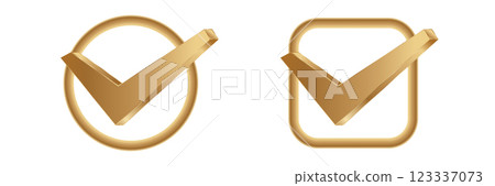 Golden check marks inside circle and square icons 123337073