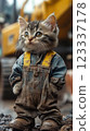 Confident cat in worker attire at a construction site. AI art 123337178