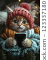 Cozy cat enjoying a quiet evening with a smartphone. Generative AI 123337180
