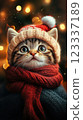 Cute kitten in a cozy winter outfit with festive lights. Generative AI 123337189