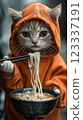 Curious cat enjoys noodles in a cozy kitchen setting. Generative AI 123337191