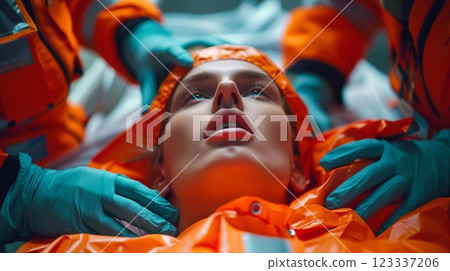 Emergency responders in vivid orange gear provide care to an immobilized individual in training 123337206
