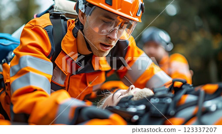 Emergency responders carefully immobilize a victim while ensuring safety in an outdoor location 123337207