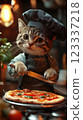 Culinary cat shows off skills in a cozy kitchen setting. Generative AI 123337218