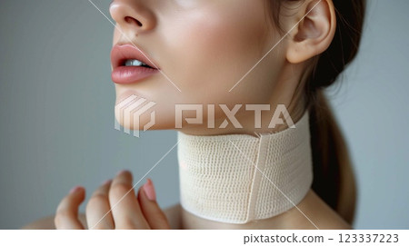 A young woman with a medical bandage on her chin showcases her smooth skin and elegant features 123337223