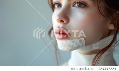 Young woman with a bandage on her chin shows signs of healing and recovery from an injury 123337224