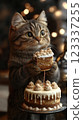 Whimsical cat holding dessert in cozy setting. Generative AI 123337255
