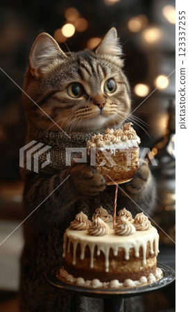 Whimsical cat holding dessert in cozy setting. Generative AI 123337255