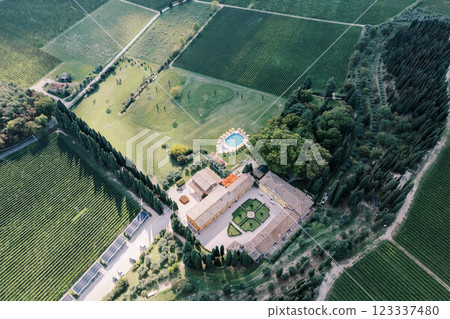 Hotel complex Villa Cordevigo in a green garden with a swimming pool. Verona, Italy. Drone 123337480