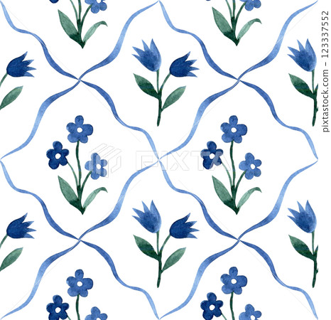 seamless watercolor pattern with cute flowers on tiles. seamless watercolor pattern with cute flowers on tiles. 123337552