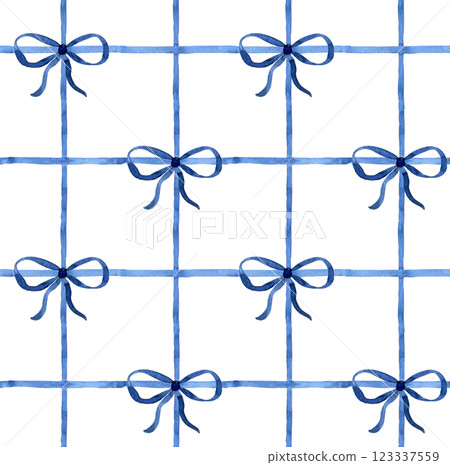 seamless watercolor pattern with blue ribbons and bows. 123337559
