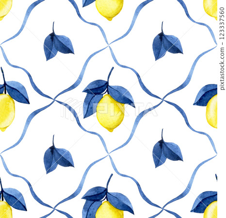 seamless watercolor pattern with yellow lemons and blue tiles. 123337560