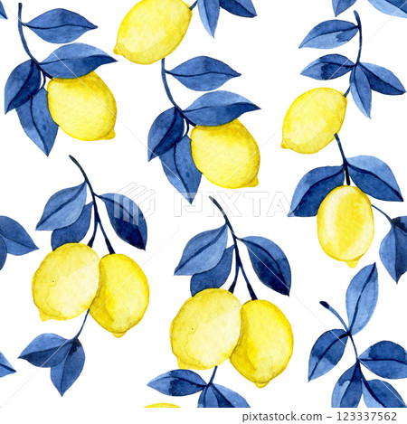 seamless watercolor pattern with yellow lemons and blue leaves. 123337562