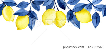 seamless watercolor border with yellow lemons and blue leaves. 123337563
