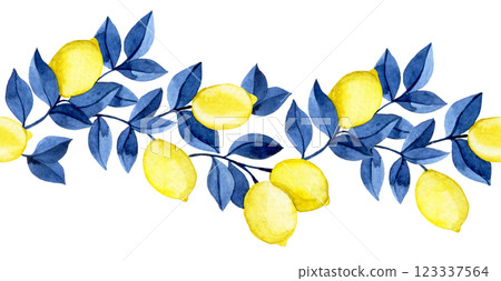 seamless watercolor border with yellow lemons and blue leaves. 123337564