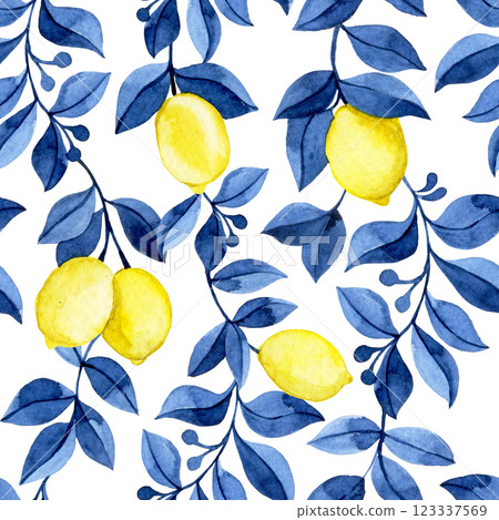 seamless watercolor pattern with yellow lemons and blue leaves. 123337569