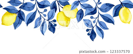 seamless watercolor border with yellow lemons and blue leaves. 123337570