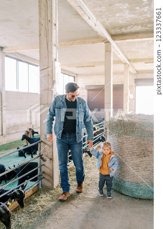 Father and a little girl are walking along the farm near a large bale of hay to the goat pens Father and a little girl are walking along the farm near a large bale of hay to the goat pens 123337661