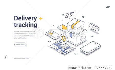 Web banner template for delivery tracking in isometric line art design 123337779