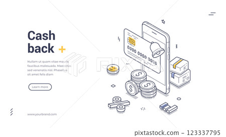 Cash back reward web banner template featuring isometric design and vector elements Cash back reward web banner template featuring isometric design and vector elements 123337795