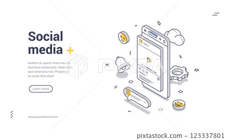 Social media web banner template featuring isometric design elements and clean line art 123337801