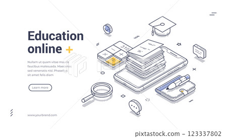 Online education web banner template featuring isometric line art design for digital learning Online education web banner template featuring isometric line art design for digital learning 123337802