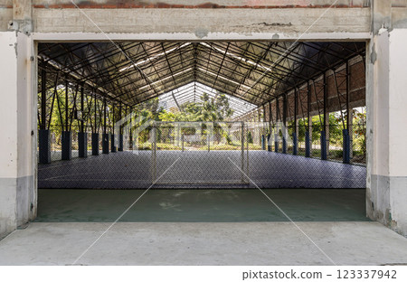 Soccer goal or Football gate with white net inside indoor soccer football court at city park. 123337942