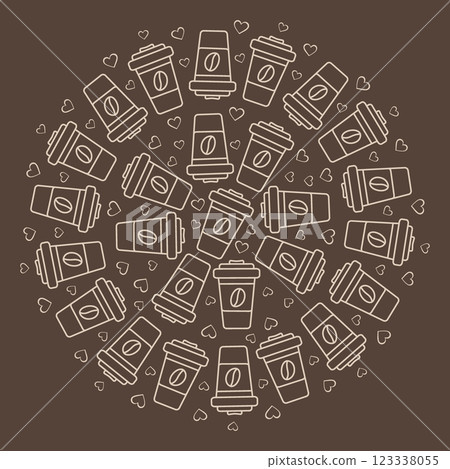 Disposable cups Coffee bean on label and hearts Circular Frame border Light on brown Coffee Day fond Disposable cups Coffee bean on label and hearts Circular Frame border Light on brown Coffee Day fond 123338055