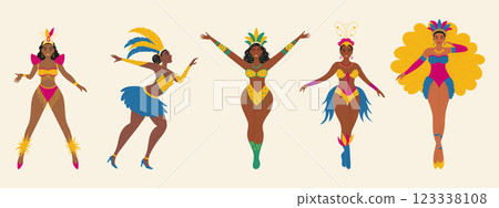 Set of Brazilian samba dancers. Carnival characters in festival costumes dancing. Modern vector illustration Set of Brazilian samba dancers. Carnival characters in festival costumes dancing. Modern vector illustration 123338108