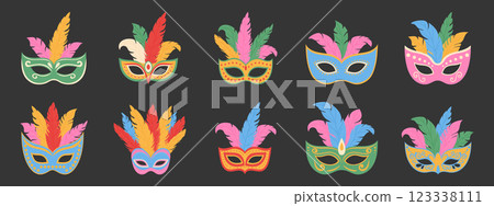 Carnival masks with feathers. Set of masquerade elements. Carnival masks with feathers. Set of masquerade elements. 123338111