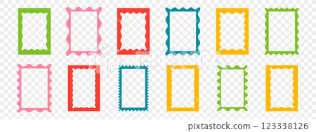 Wavy scalloped rectangle borders set. Trendy curved frame box. Modern vector template Wavy scalloped rectangle borders set. Trendy curved frame box. Modern vector template 123338126