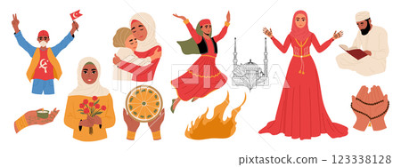 Set of people during traditional Muslim holidays. Mother's day, women's day, Novruz festival, henna night, Eid al Fitr Mubarak celebration, Children's Day, Turkish tulip festival, Labor Day Set of people during traditional Muslim holidays. Mother's day, women's day, Novruz festival, henna night, Eid al Fitr Mubarak celebration, Children's Day, Turkish tulip festival, Labor Day 123338128