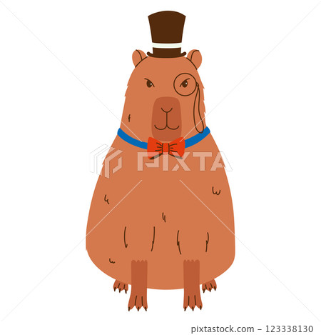 Cute capybara character. Funny rodent wearing hat, monocle and bow tie. Hand drawn vector illustration. Cute capybara character. Funny rodent wearing hat, monocle and bow tie. Hand drawn vector illustration. 123338130