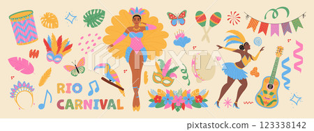 Carnival in Brazil. Masks, exotic bird, dancing women, guitar, flowers. Modern vector illustration 123338142