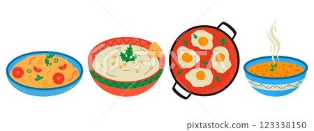 Hummus, couscous, shakshuka, lentil soup. Traditional Turkish food. Hand drawn vector illustration. Hummus, couscous, shakshuka, lentil soup. Traditional Turkish food. Hand drawn vector illustration. 123338150