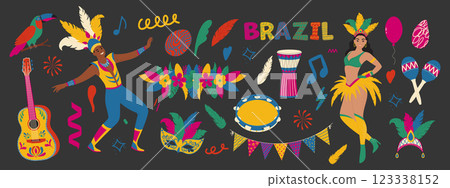 Brazilian carnival set. Masks, bird, dancing people in costume, guitar, garland. Trendy collection Brazilian carnival set. Masks, bird, dancing people in costume, guitar, garland. Trendy collection 123338152