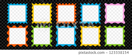 Set of square wavy frames. Squiggle photo borders with zig zag edges. Modern vector template 123338154