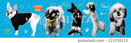 Halftone dogs in different poses with naive doodle elements. Contemporary collage for design template. Halftone dogs in different poses with naive doodle elements. Contemporary collage for design template. 123338155
